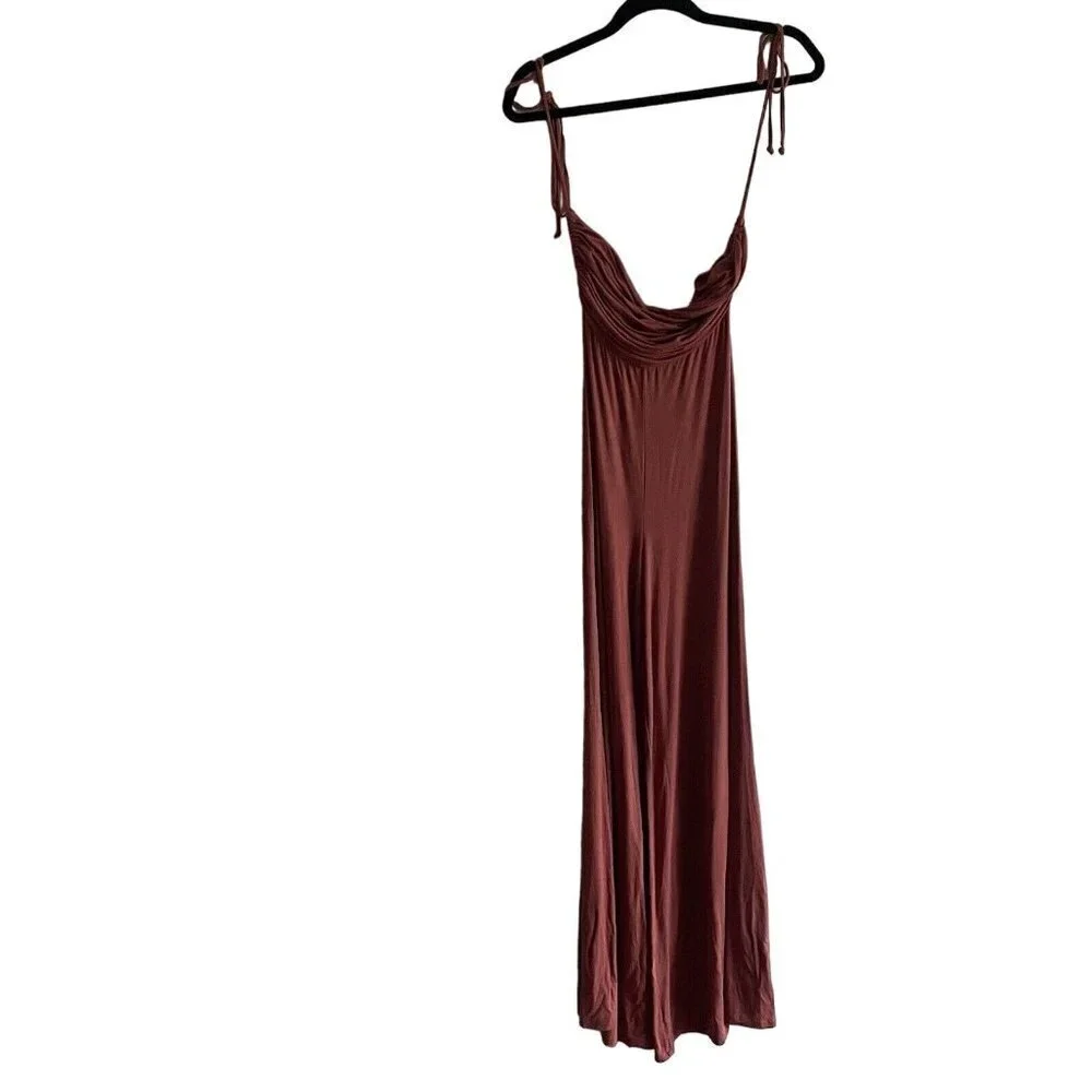FP Beach SZ XS Terracotta Boho Slinky Tie Straps Cowl Neck All Day Long Jumpsuit